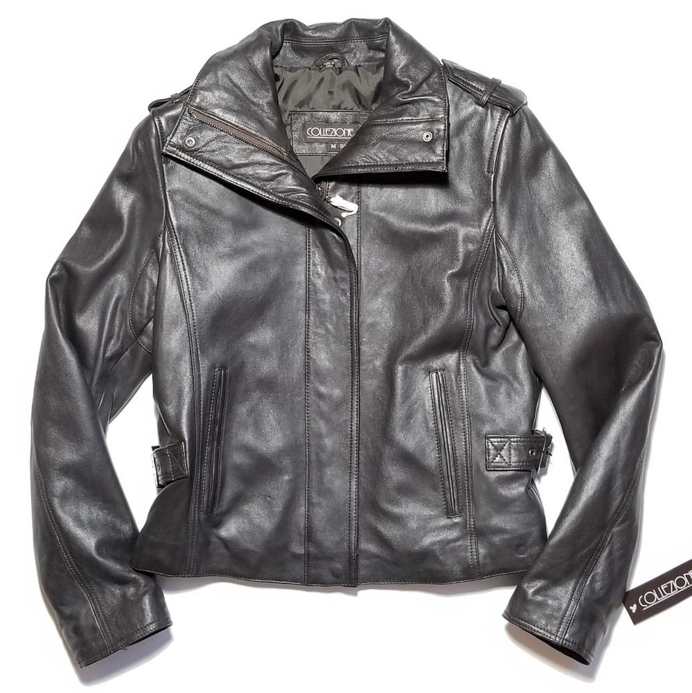NWT Collezione Burnished Lamb Leather Moto Jacket